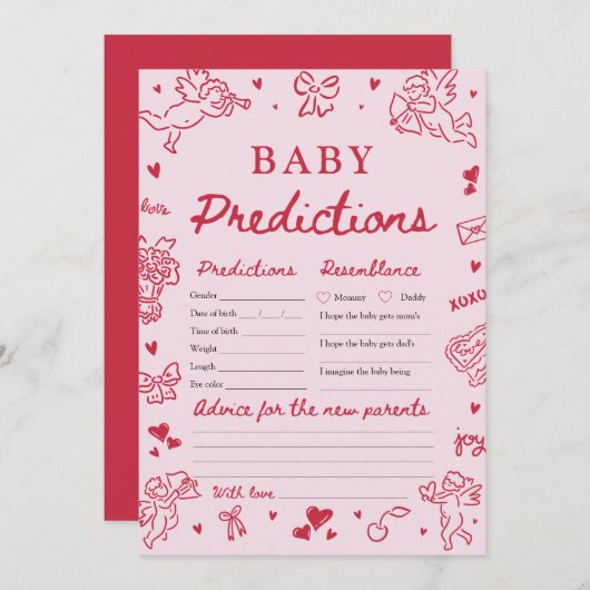 Pink Valentine Baby Predictions Baby Shower Game 招待状 (正面/裏面)
