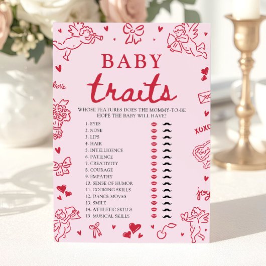 Pink Valentine Baby Traits Baby Shower Game 招待状