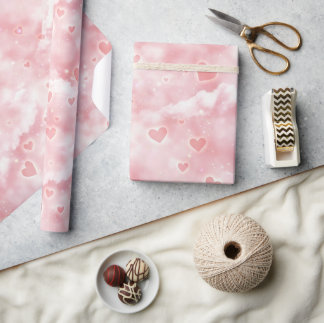 Pink Valentine Clouds Sky with Glowing Hearts ラッピングペーパー