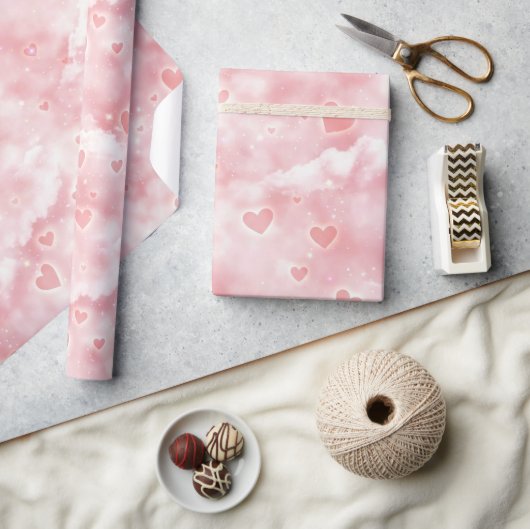 Pink Valentine Clouds Sky with Glowing Hearts ラッピングペーパー (クラフト)