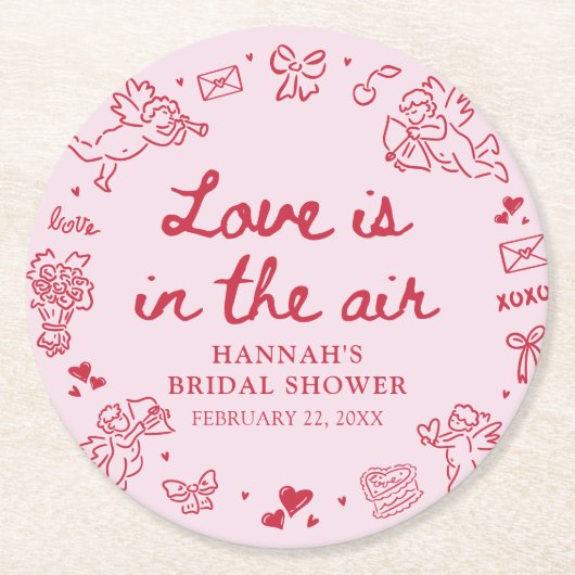 Pink Valentine Love is in the Air Bridal Shower ラウンドペーパーコースター (正面)
