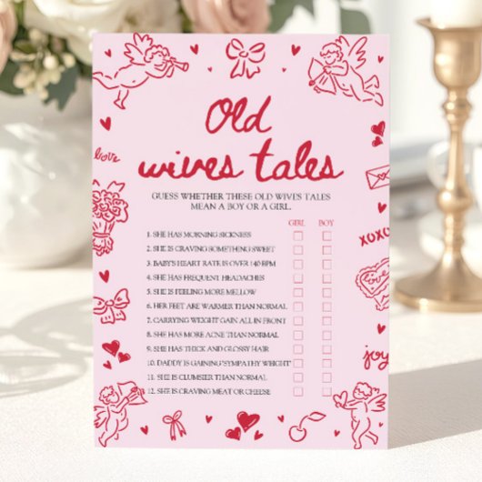 Pink Valentine Old Wives Tales Baby Shower Game 招待状
