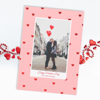 Pink Valentine’s Day photo card with red hearts カード