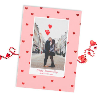 Pink Valentine’s Day photo card with red hearts ポストカード