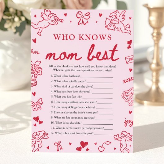Pink Valentine Who Knows Mom Best Baby Shower Game 招待状