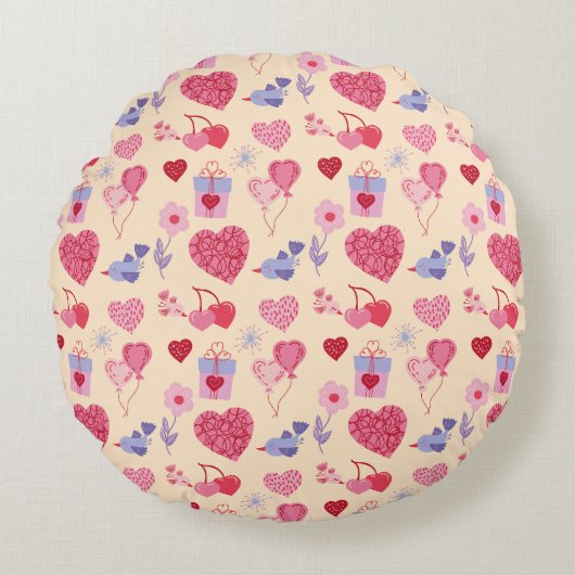 Pink Valentine's Day Icon Pattern ラウンドクッション (正面)