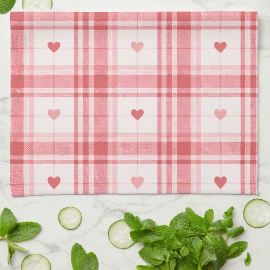 Pink Valentine's Day Romantic Plaid Heart Pattern キッチンタオル (折り畳み)
