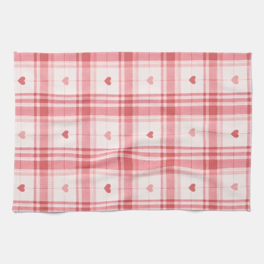 Pink Valentine's Day Romantic Plaid Heart Pattern キッチンタオル (横)