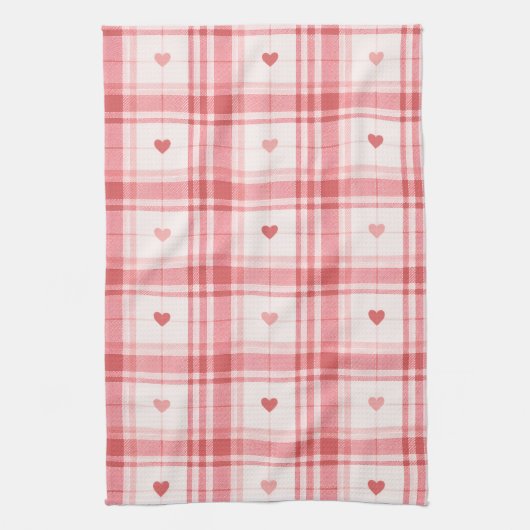 Pink Valentine's Day Romantic Plaid Heart Pattern キッチンタオル (縦)