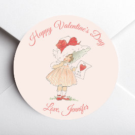 Pink Valentine's Day Vintage Cute Girl Red Script ラウンドシール