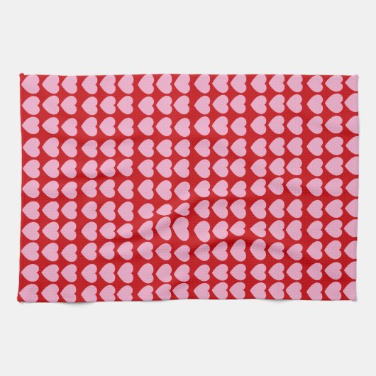 Pink Valentines Hearts on Red キッチンタオル (横)