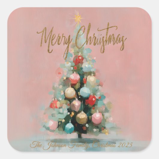 Pink Velvet Christmas Tree Foil Holiday Postcard スクエアシール (正面)