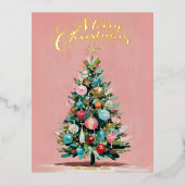 Pink Velvet Christmas Tree Foil Holiday Postcard 箔シーズンポストカード (正面)