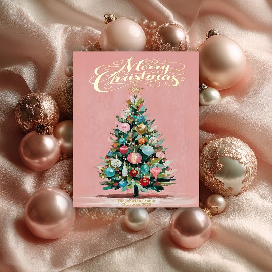 Pink Velvet Christmas Tree Foil Holiday Postcard 箔シーズンポストカード