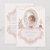 Pink Vintage Elegant Baby Girl Birth Announcement 招待状 (正面/裏面)
