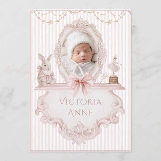 Pink Vintage Elegant Baby Girl Birth Announcement 招待状 (正面)