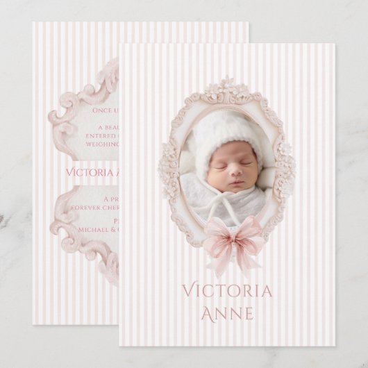 Pink Vintage Elegant Baby Girl Birth Announcement 招待状 (正面/裏面)