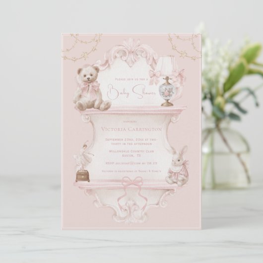 Pink Vintage Elegant Baby Shower 招待状 (スタンド正面)