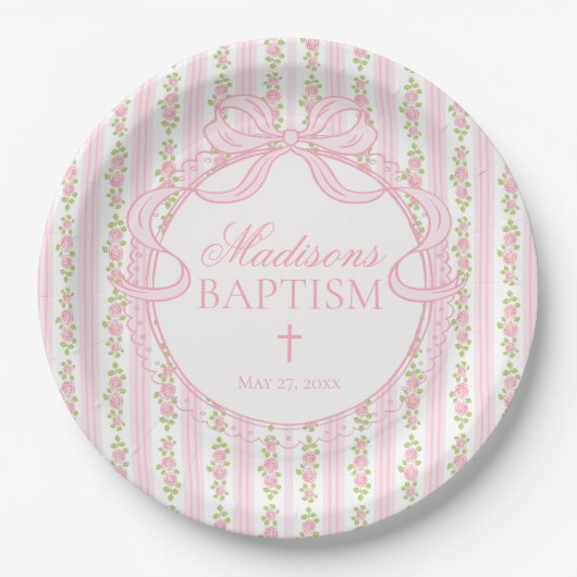 Pink Vintage Fancy Floral Baptism ペーパープレート (正面)