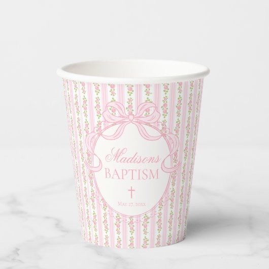 Pink Vintage Fancy Floral Baptism 紙コップ (正面)