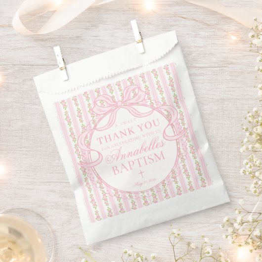 Pink  Vintage Fancy Floral Baptism Dessert フェイバーバッグ (クリップ留めされた状態)