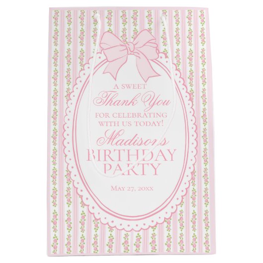 Pink Vintage Fancy Floral Birthday Party Favors ミディアムペーパーバッグ (正面)