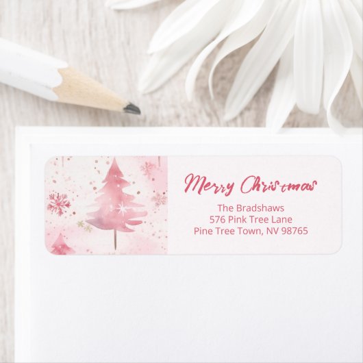 Pink Vintage Pine Trees Christmas  ラベル (インサイチュ)