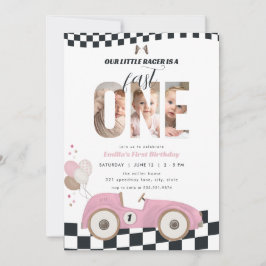 Pink Vintage Race Car First Birthday Invite Photo 招待状