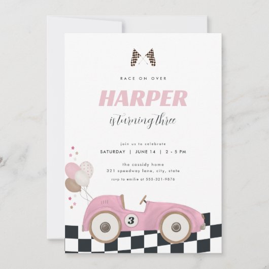 Pink Vintage Race Car Girl Birthday Invite  招待状 (正面)