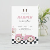 Pink Vintage Race Car Girl Birthday Invite  招待状 (スタンド正面)