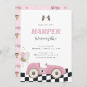 Pink Vintage Race Car Girl Birthday Invite  招待状 (正面/裏面)