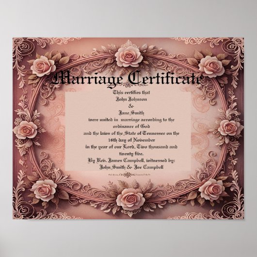 Pink Vintage Roses Marriage Certificate ポスター (正面)