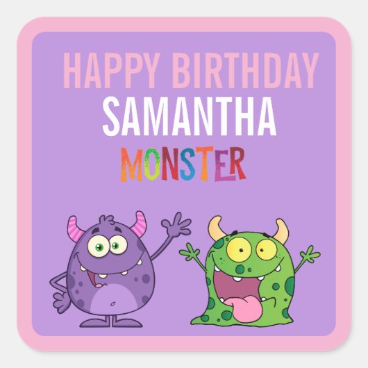 Pink violet monster Fun kids  スクエアシール (正面)