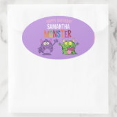 Pink violet monster Fun kids 楕円形シール (バッグ)