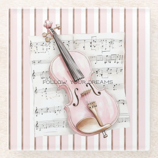 Pink Violin Music Sheet ガラスコースター (正面)