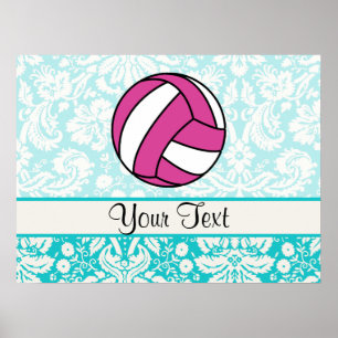 Pink Volleyball; Damask Pattern ポスター