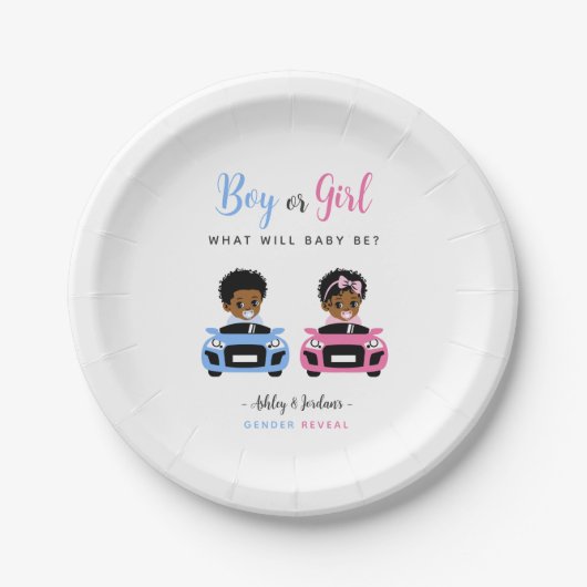 Pink vs Blue Baby Car Race Gender Reveal Plates ペーパープレート (正面)