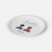 Pink vs Blue Baby Car Race Gender Reveal Plates ペーパープレート (アングル)