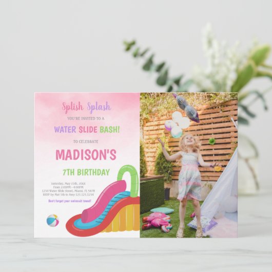 Pink Water Slide Birthday Invitations with photo 招待状 (スタンド正面)