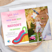 Pink Water Slide Birthday Invitations with photo