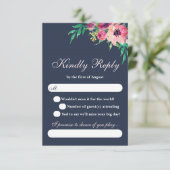 Pink WatercolorおよびNavyフローラ結婚式RSVPカード 出欠カード (スタンド正面)