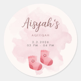 Pink Watercolor Baby Girl Aqiqah Favor Sticker ラウンドシール