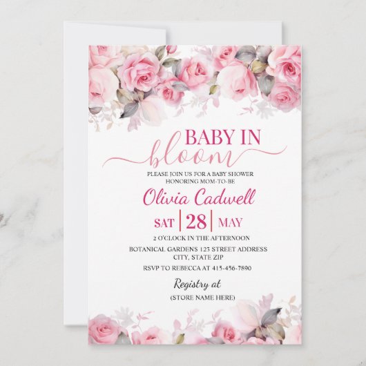 Pink Watercolor Baby In Bloom Baby Shower  Invitat 招待状 (正面)