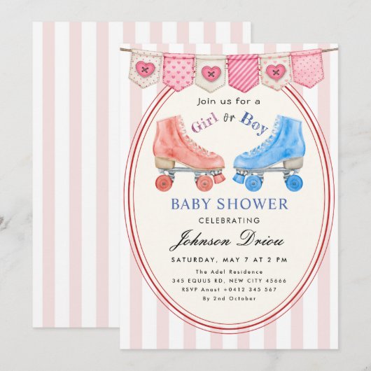 Pink Watercolor Baby Shower | Roller Skate 招待状 (正面/裏面)