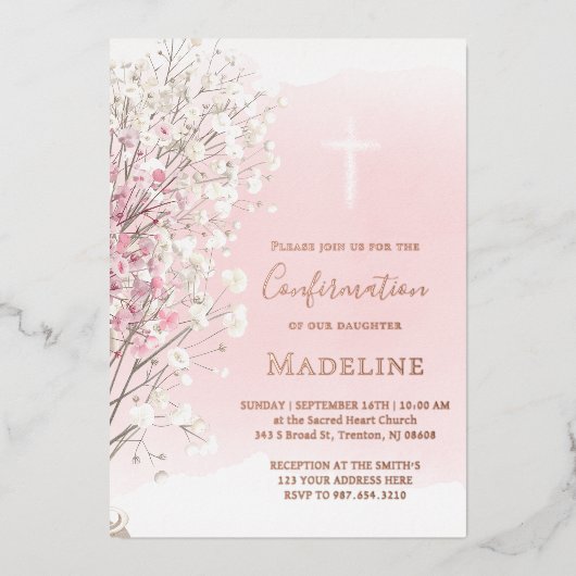 pink watercolor baby's breath |  Confirmation 箔招待状 (正面)