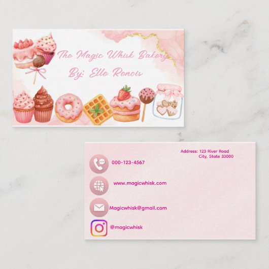 Pink Watercolor Bakery Business Card  名刺 (正面/裏面)