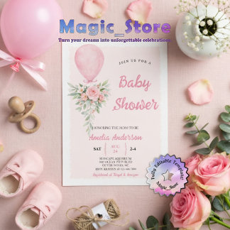 Pink Watercolor Balloon Floral Elegance BB Shower 招待状