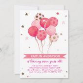 Pink Watercolor Balloons Girl 7th Birthday Party  招待状 (正面)
