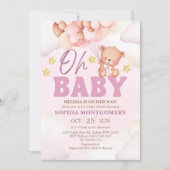 Pink Watercolor Bear Baby Shower Girl 招待状 (正面)