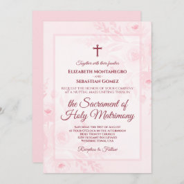 Pink Watercolor Boho Chic Peonies Catholic Wedding 招待状